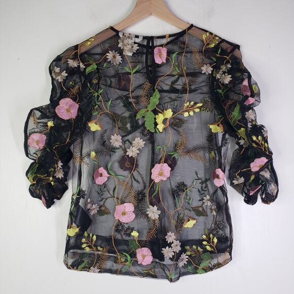 H&M Sheer Floral Embroidered‎ Blouse 4 Black Puff 3/4 Sleeve Top - Picture 7 of 11